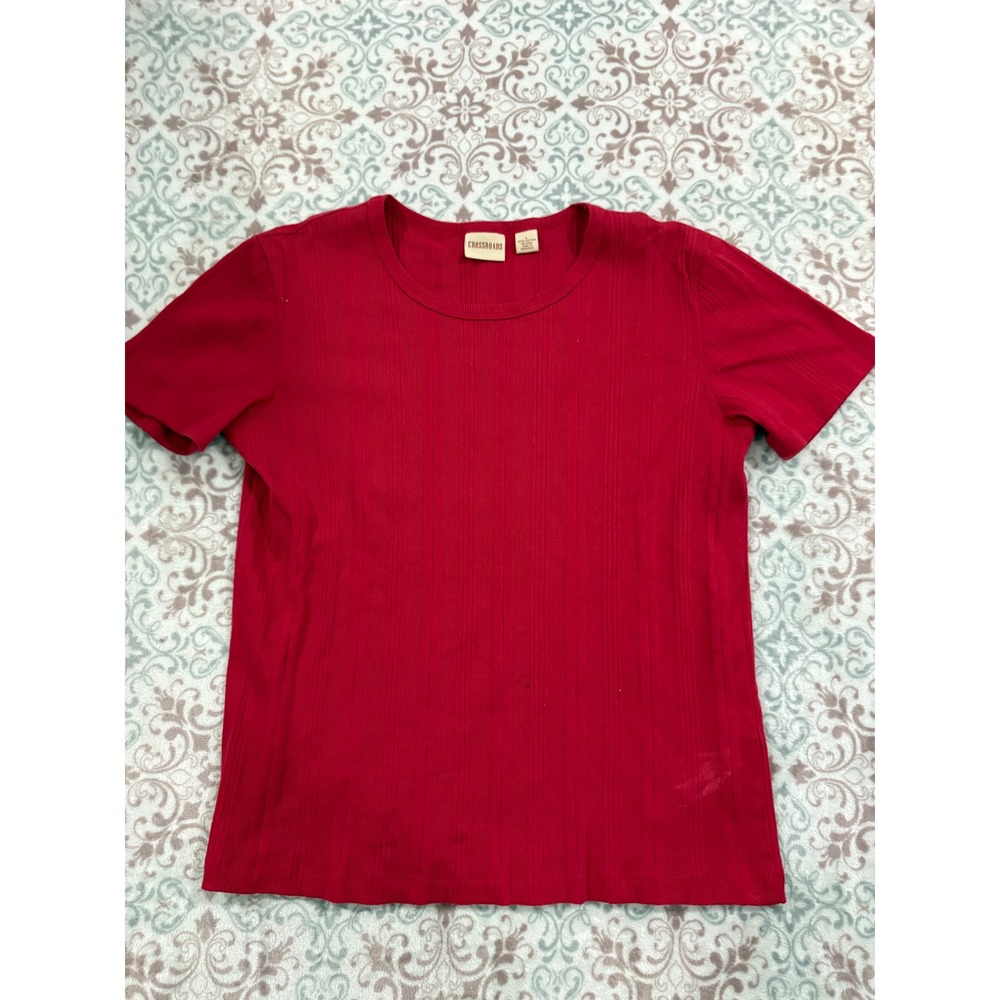Crossroads Red Ribbed Knit Short Sleeve Cotton Tee Shirt Large